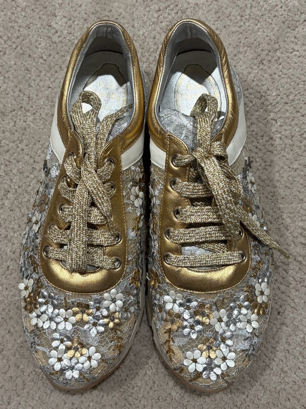 Rene Caovilla Gold and White Floral Embellished Sneakers